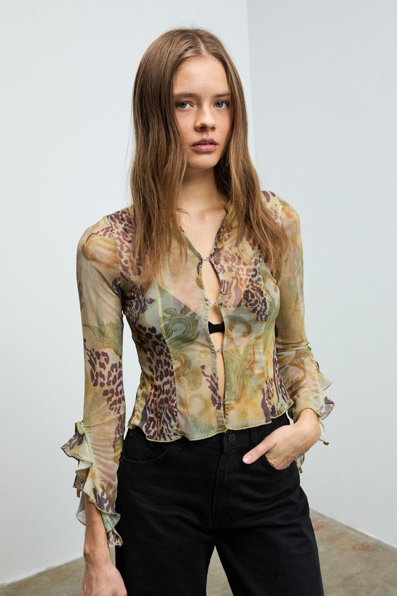 GRIMELANGE Printed V-Neck Frilly Blouse 4