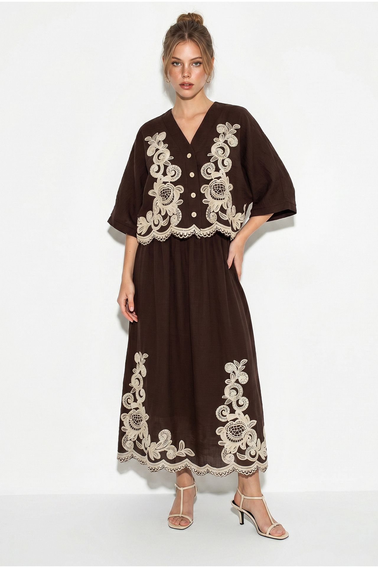 LUCCI Oversized V-neck Embroidered 3/4 Sleeve Shirt and Wide Leg Pants Set 1