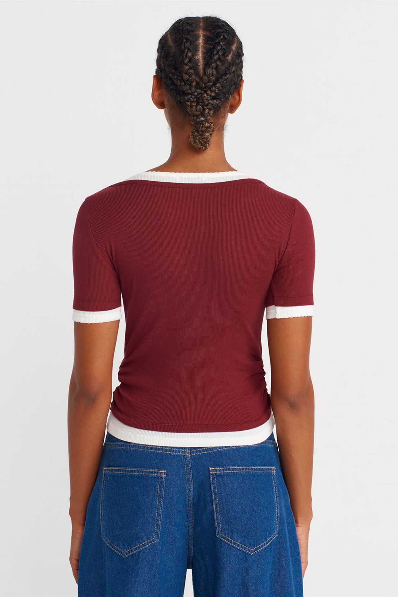 DILVIN Kadın Kısa Slim Fit Bisiklet Yaka Tişört 2