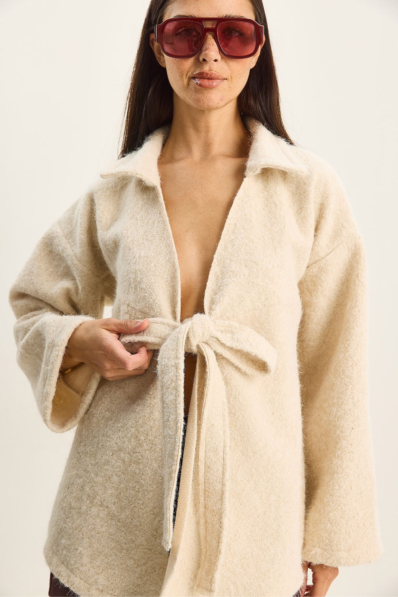 LUCCI Textured Oversized V-Neck Tie Closure Cardigan 6
