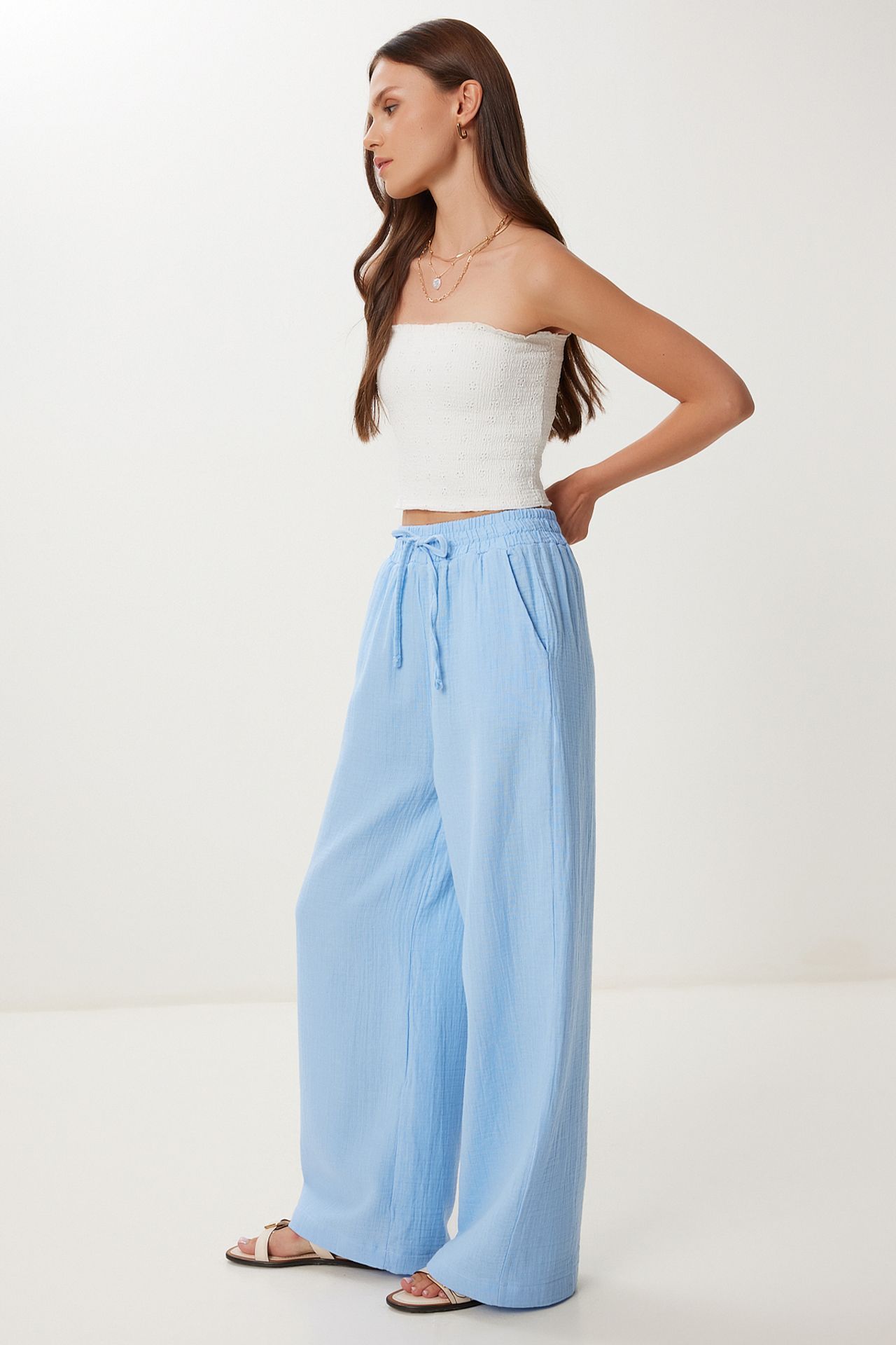 ISTANBUL Wide Leg Drawstring Waist Pants with Binding Detail 1