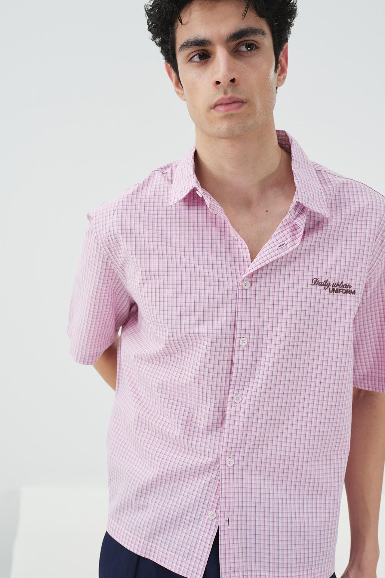 GIESTO Erkek Gingham Pamuklu Poplin Kısa Kollu Gömlek 1