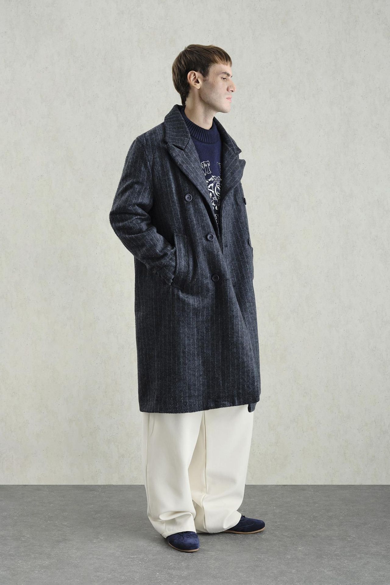 Double-Breasted Striped Long Overcoat 2