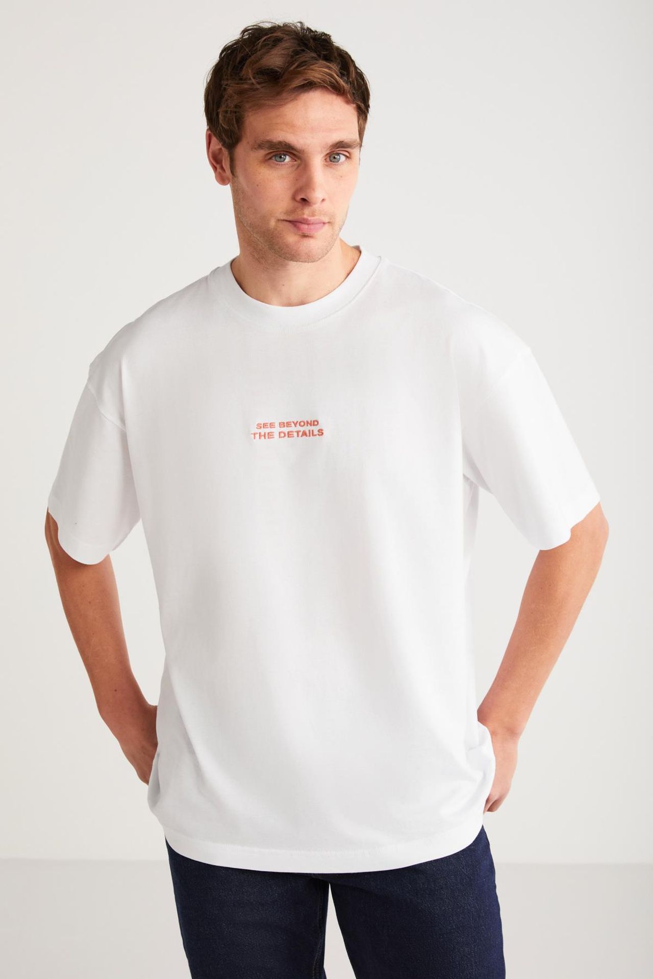 GRIMELANGE Baskılı Oversize Bisiklet Yaka Tişört 4