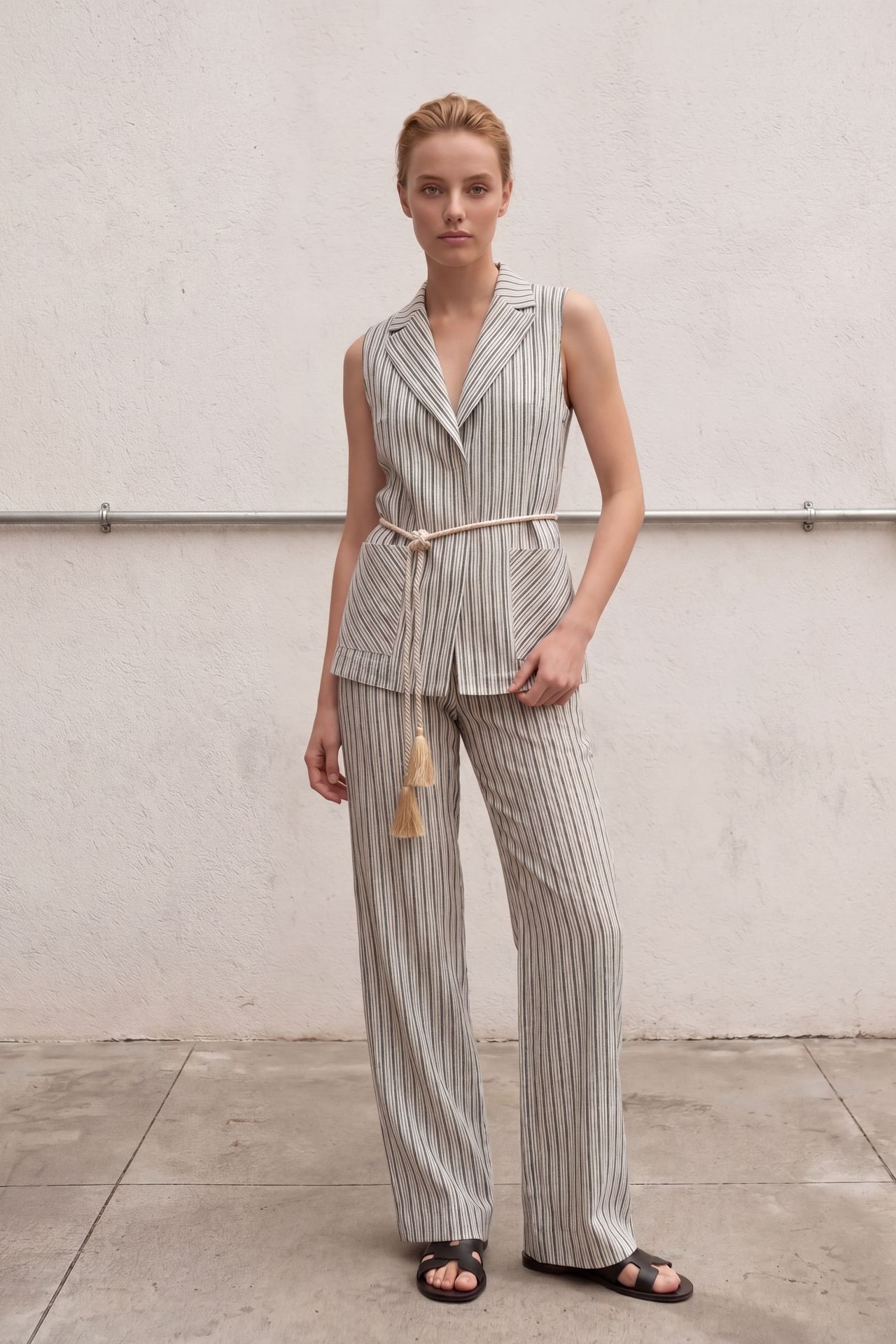 MY FASHION Striped Shawl-Collar Vest and Wide-Leg Trousers Set 5