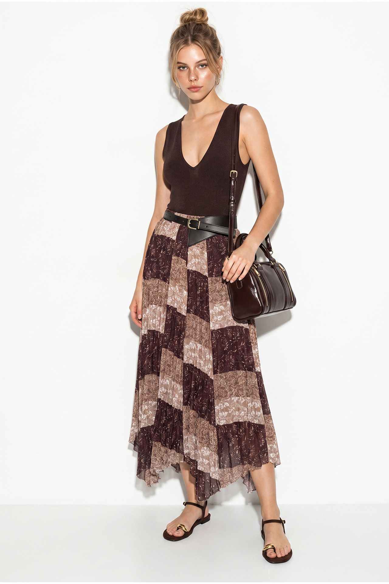 LUCCI High Waist Paisley Print Midi Skirt with Belt 4