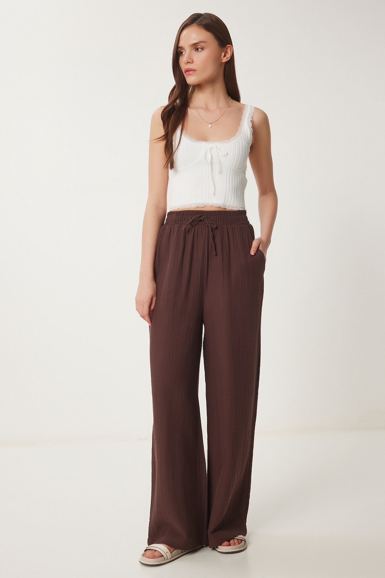ISTANBUL Wide Leg Drawstring Waist Pants with Binding Detail 2