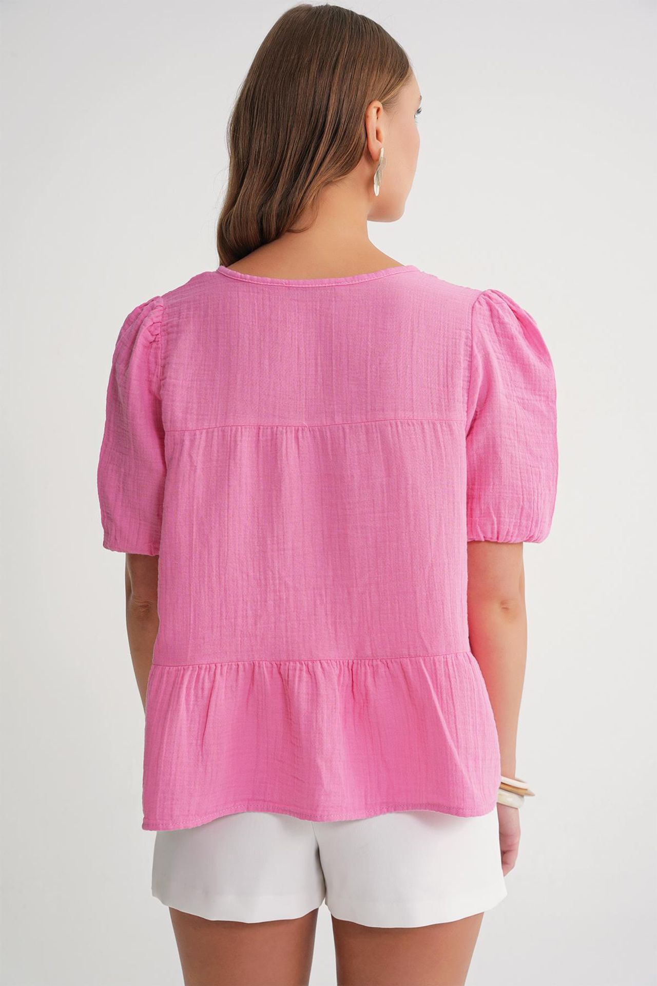 Mixray Textured Muslin Crew Neck Blouse with Binding Detail 6
