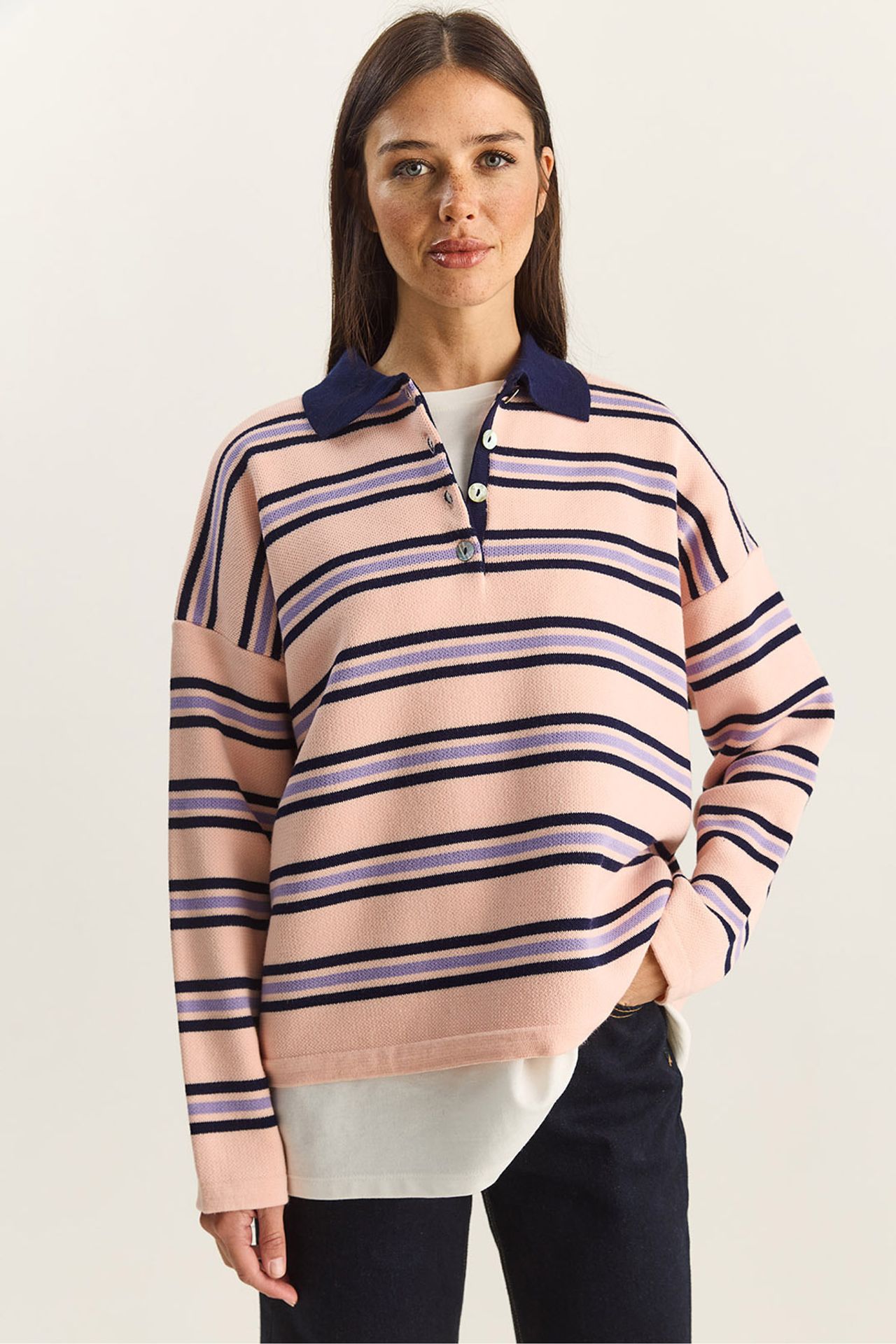 LUCCI Striped Polo Collar Button Sweater 1