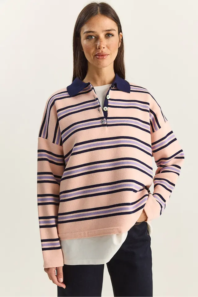LUCCI Striped Polo Collar Button Sweater