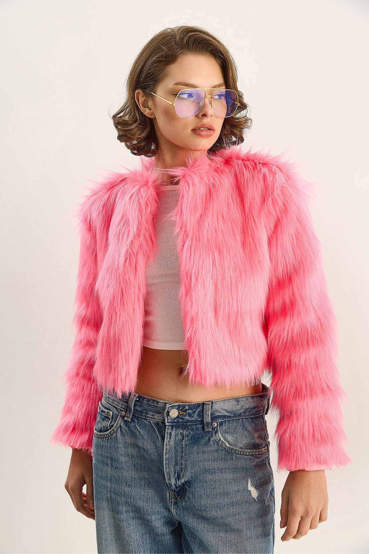 LUCCI Boxy Crop Faux Fur Coat 2
