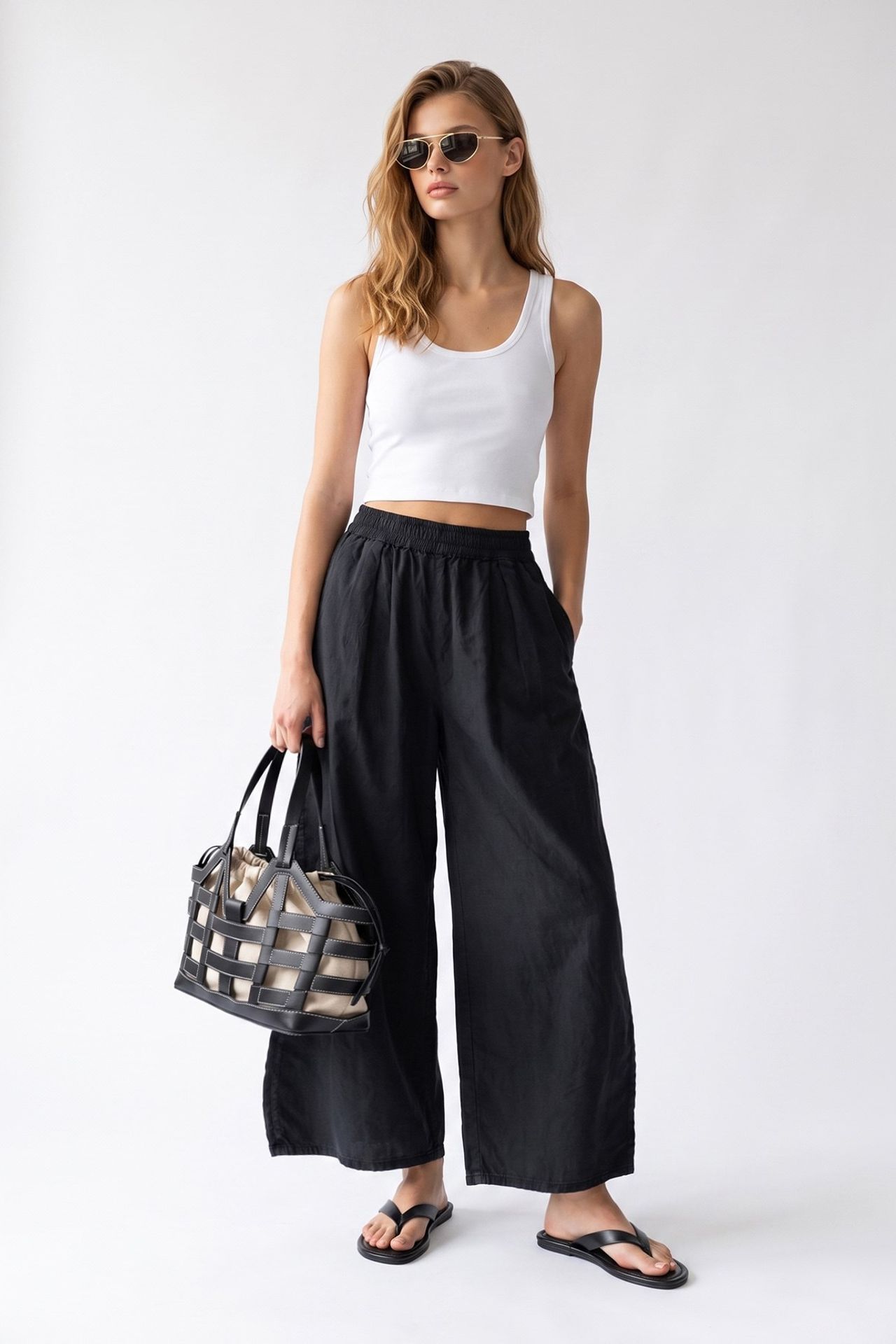 MIXRAY Wide-Leg Tencel Ankle-Length Trousers 1