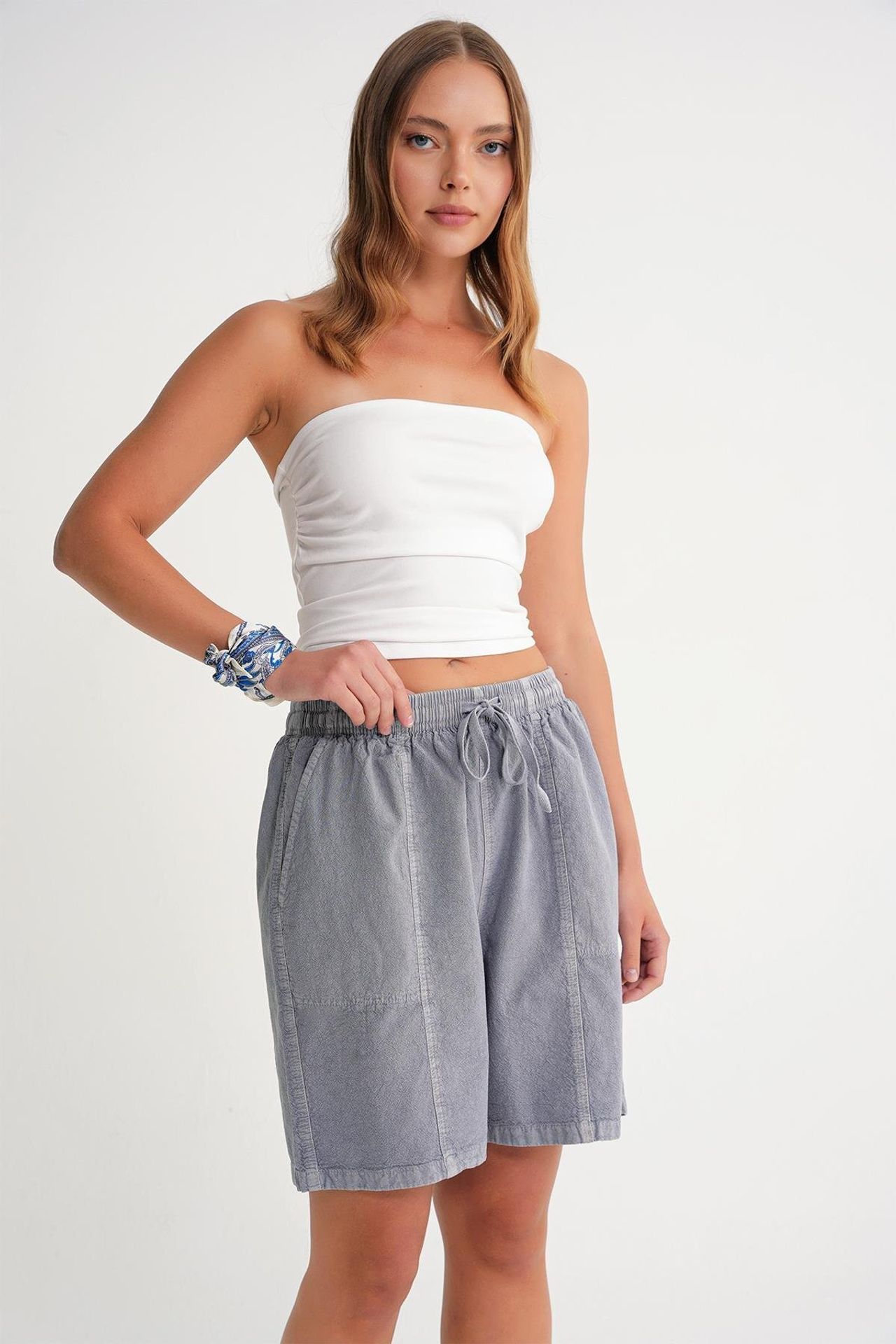 Mixray High Waist Cotton Drawstring Mini Shorts 1
