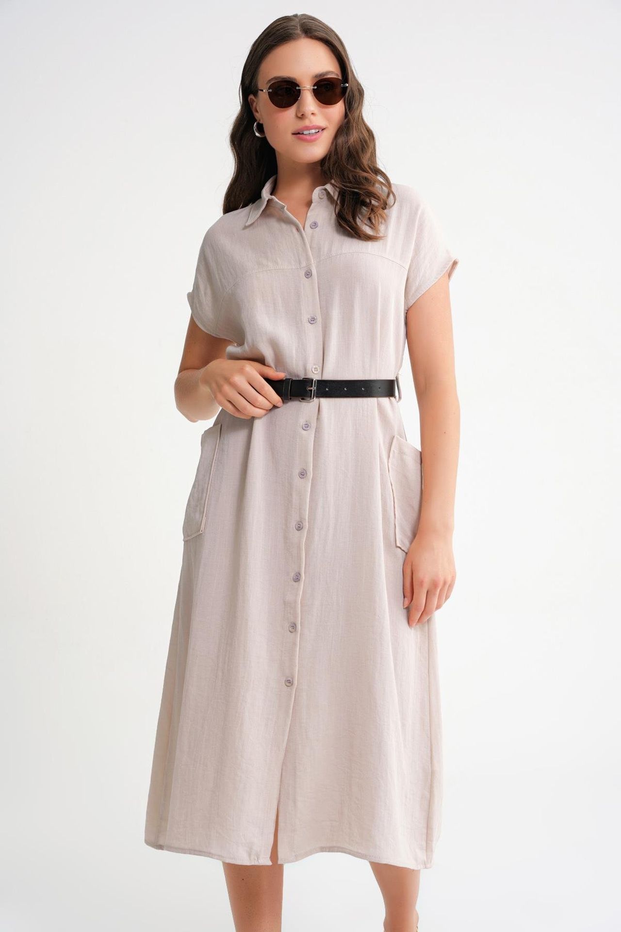 Mixray Midi Dress with Belt Detail and Buttoned Collar 3