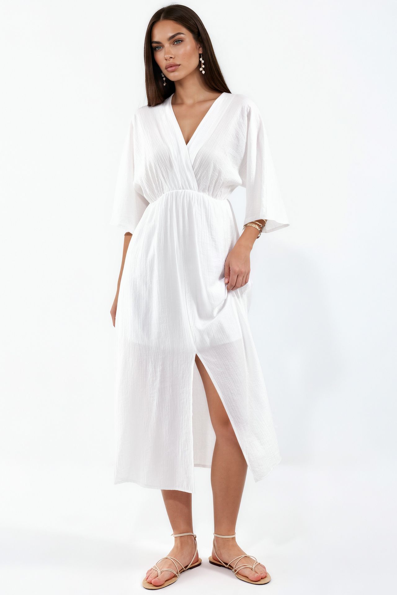 BUSEM V-Neck Midi Wrap Dress with Three Quarter Sleeves 1