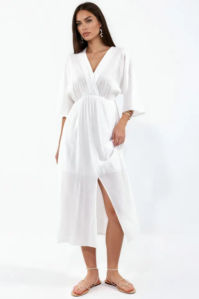 BUSEM V-Neck Midi Wrap Dress with Three Quarter Sleeves