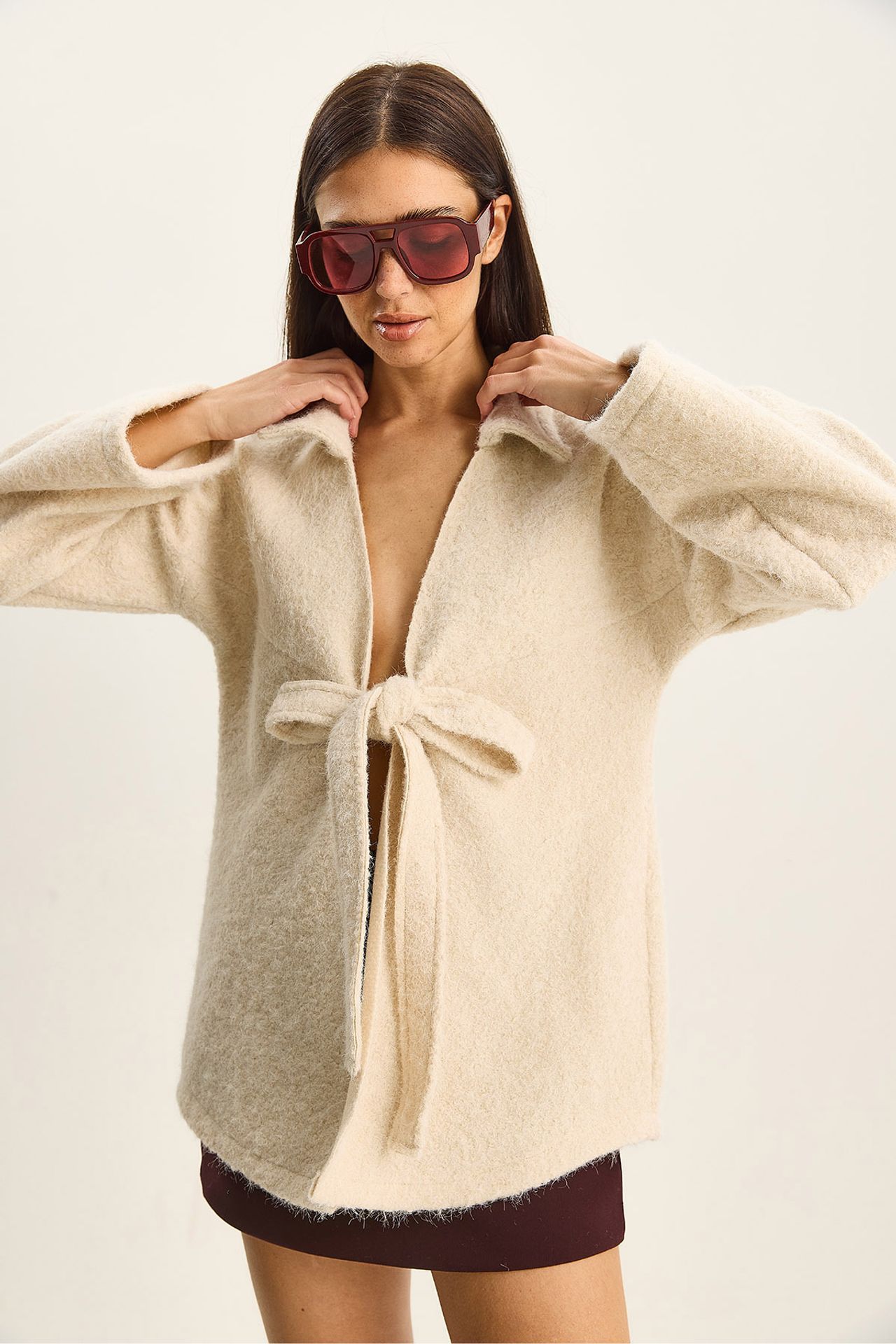 LUCCI Textured Oversized V-Neck Tie Closure Cardigan 5