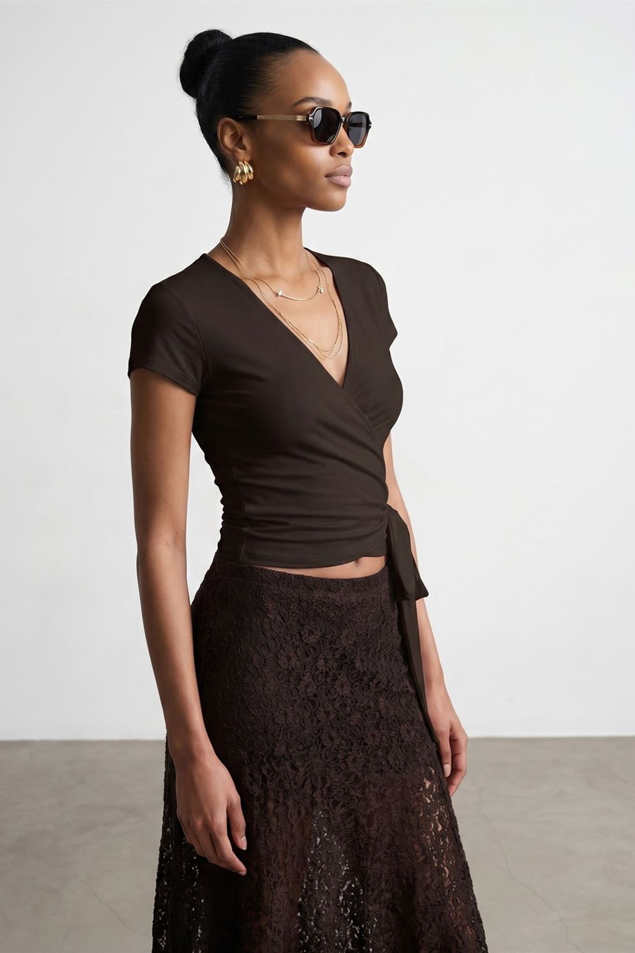 DILVIN Crop Wrap Blouse With Tie Detail 3