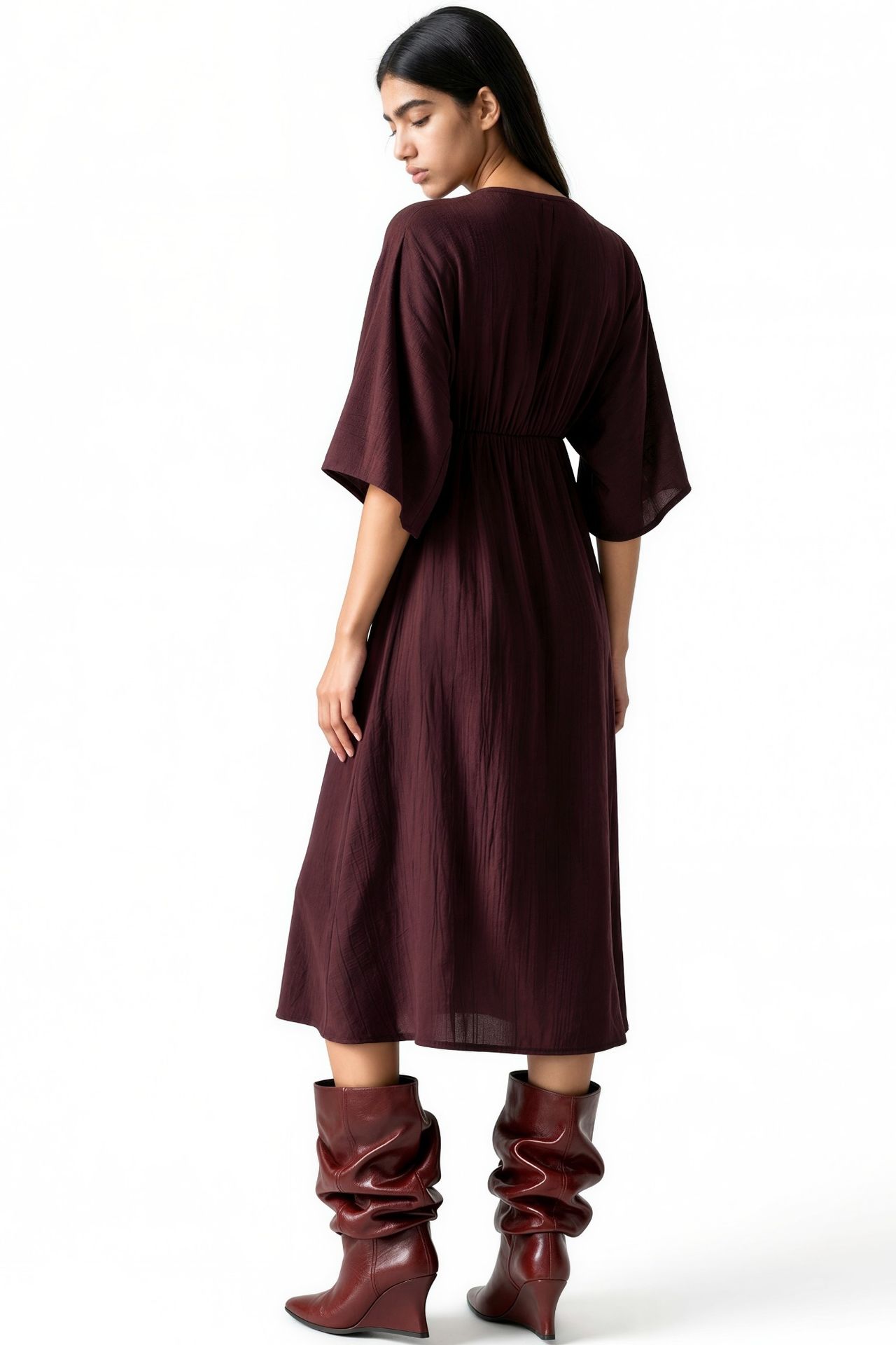 BUSEM V-Neck Midi Wrap Dress with Three Quarter Sleeves 3