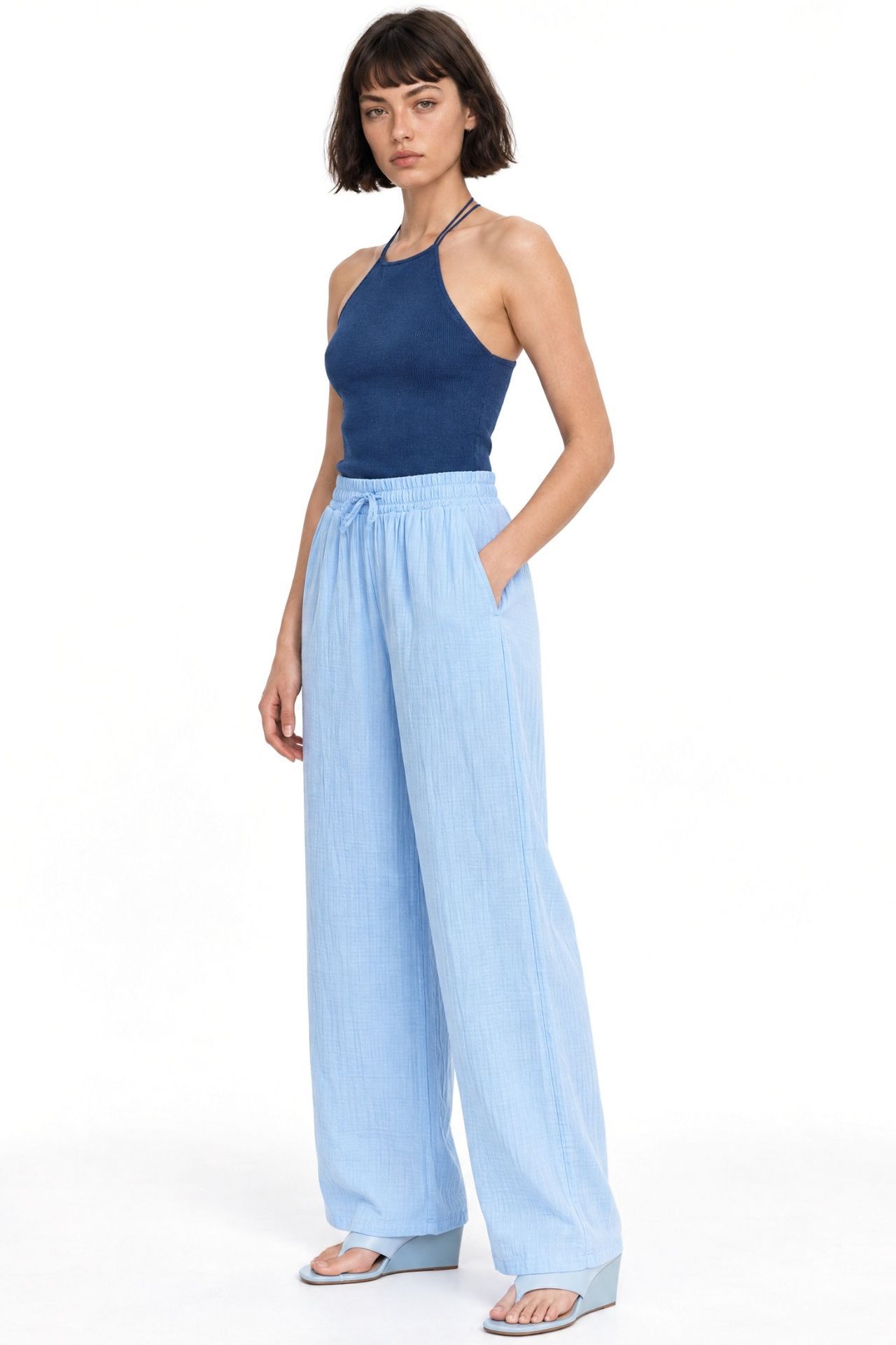 Mixray High Waist Textured Muslin Fabric Pants 2