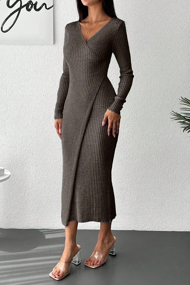 MY FASHION Ribbed V-neck Bodycon Midi Dress