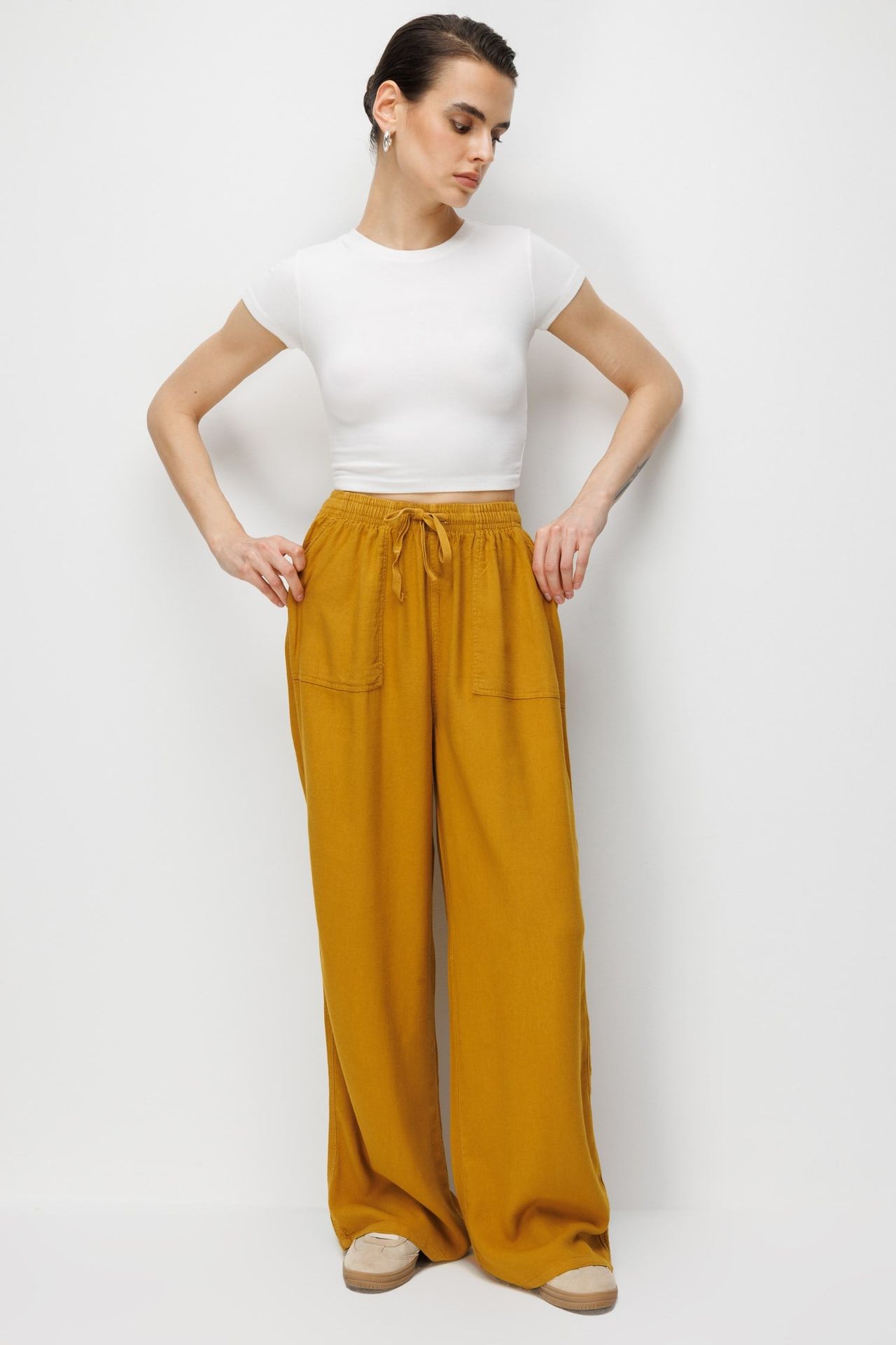 MIXRAY Mid Waist Straight Leg Cotton Pants with Tie Closure 2