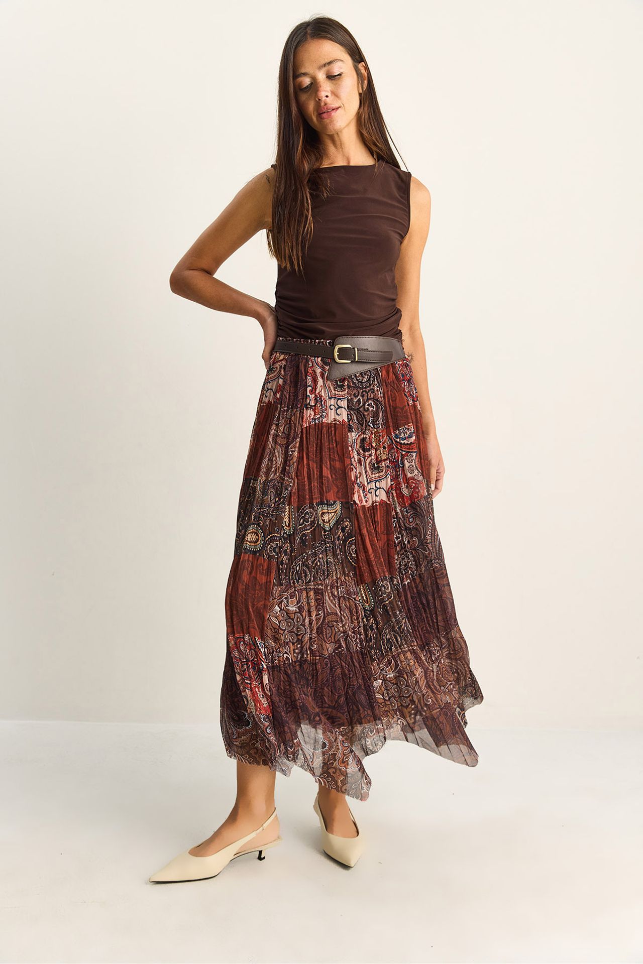 LUCCI High Waist Paisley Print Midi Skirt with Belt 3