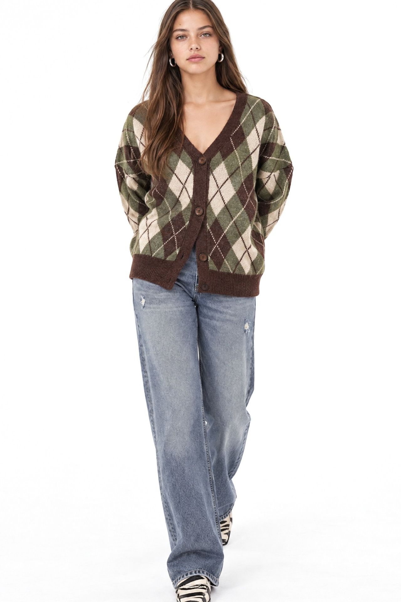 Mixray Oversize Argyle V-Neck Buttoned Cardigan 4