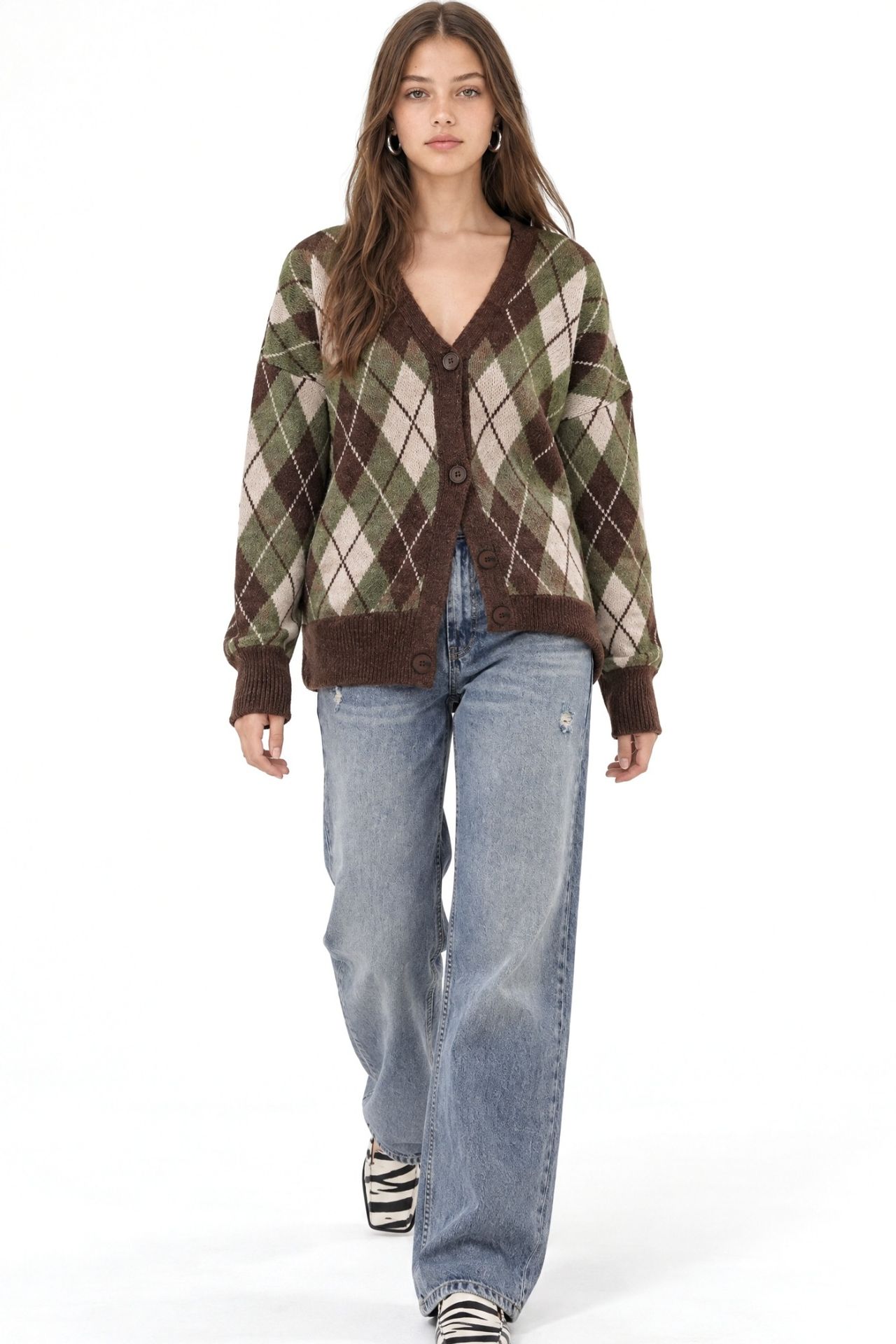 Mixray Oversize Argyle V-Neck Buttoned Cardigan 2