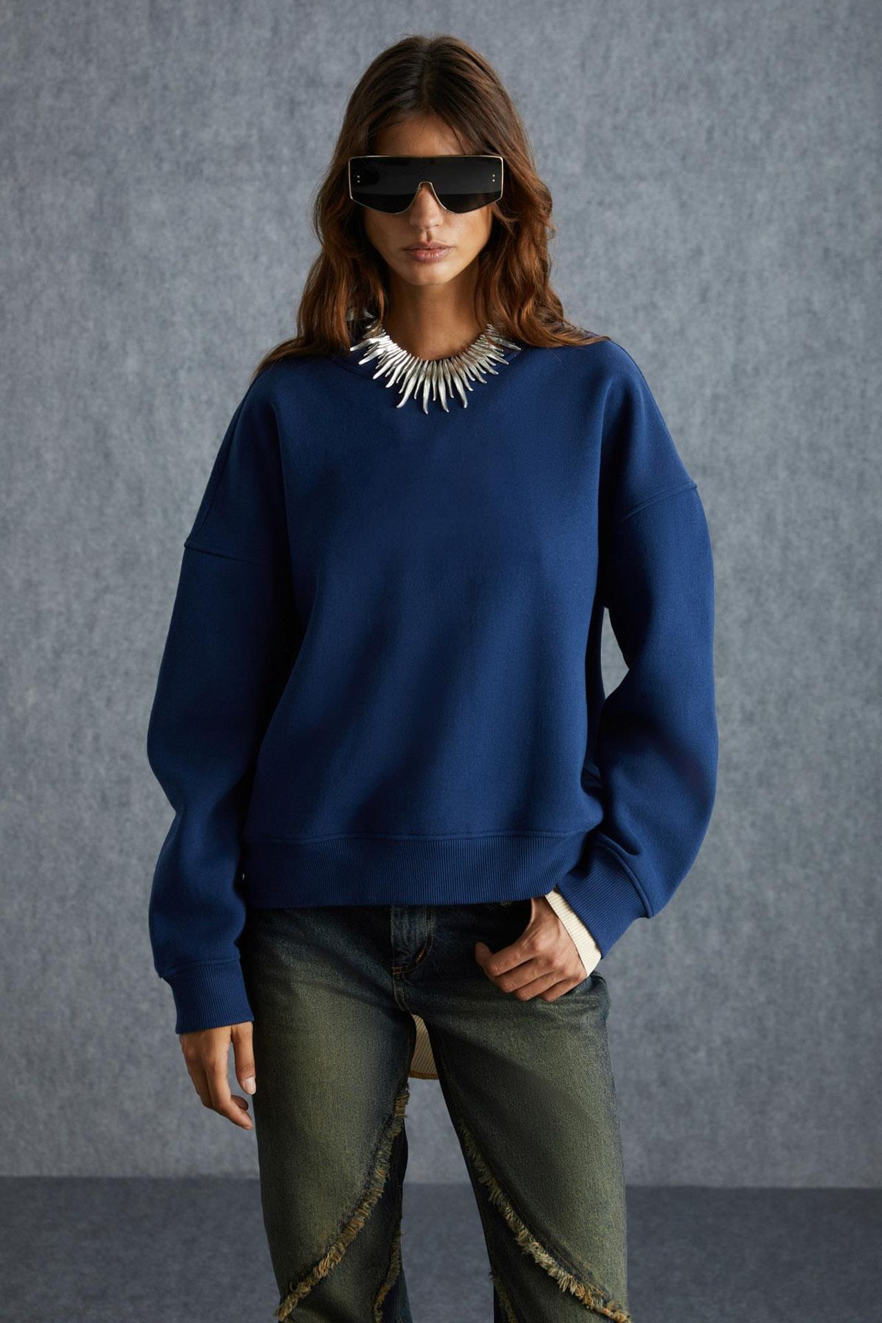GRIMELANGE Geniş Kesimli Fitilli Bisiklet Yaka Sweatshirt 1