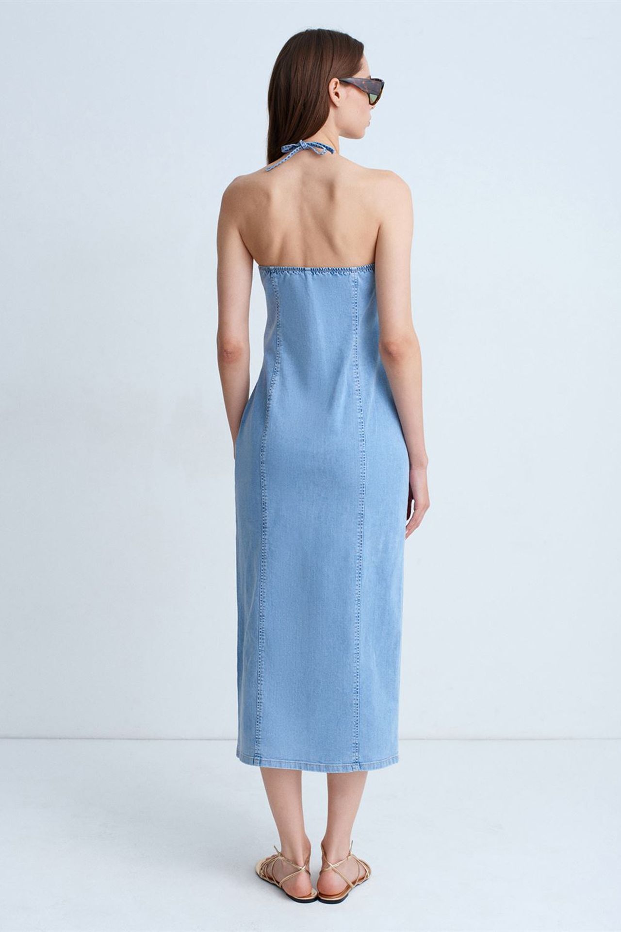 DILVIN Halter Neck Midi Denim Dress 2
