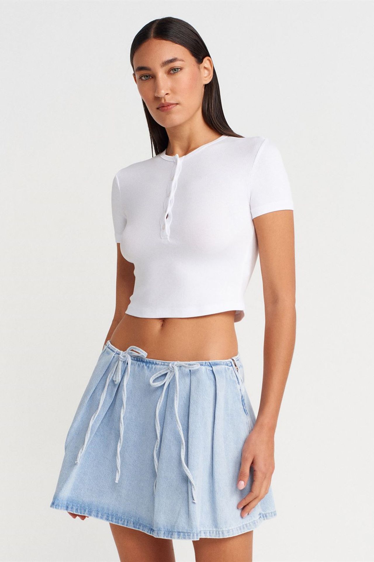 DILVIN Cotton Denim Mini A-Line Skirt With Bow Detail 4