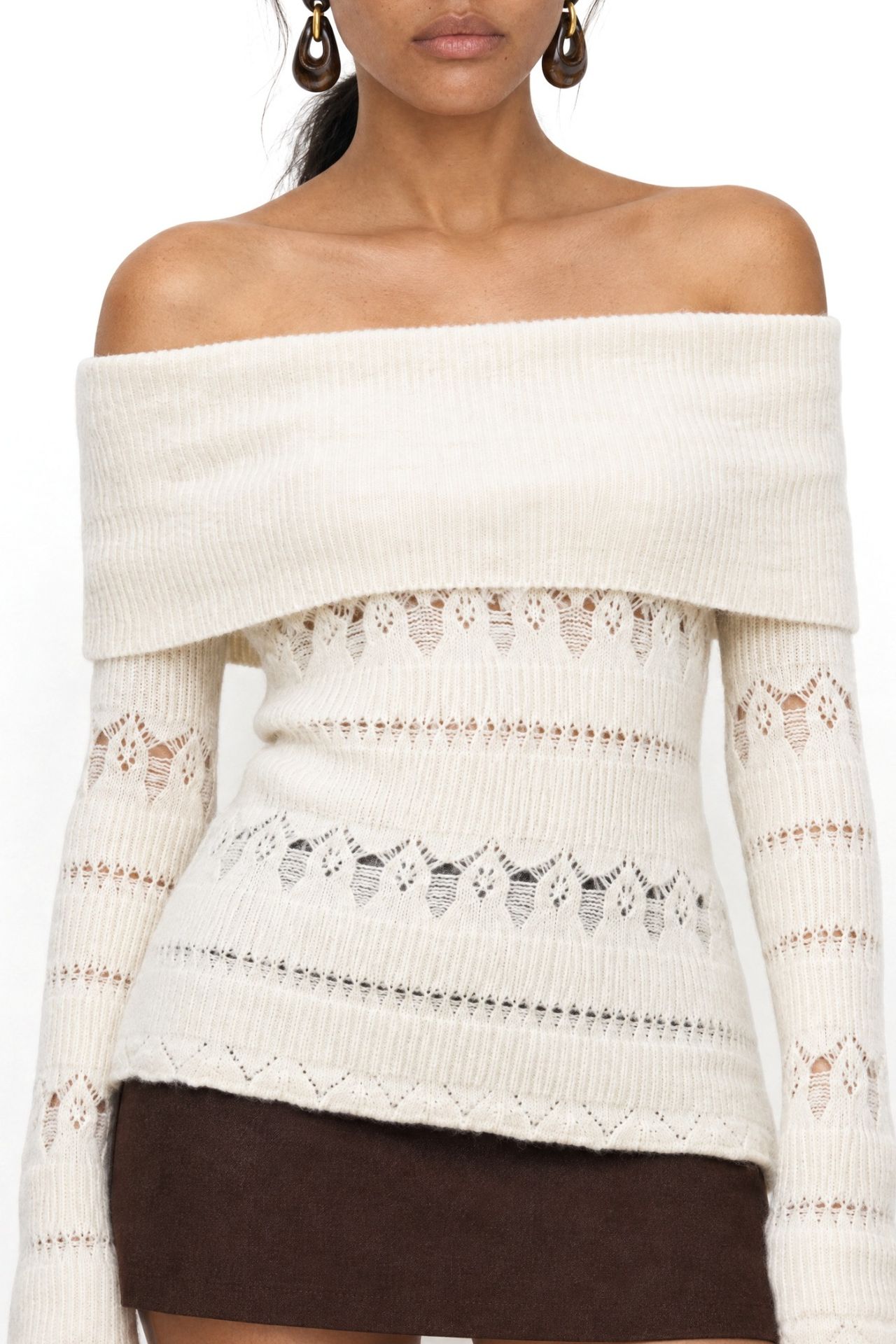 MIXRAY Off Shoulder Textured Ribbed Sweater with Cut Out Details 4
