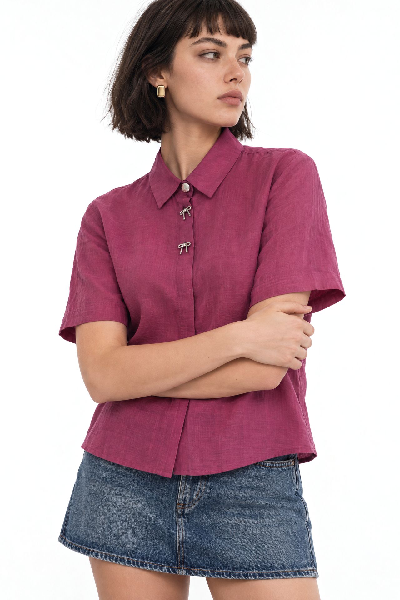 Mixray Short Sleeve Crop Shirt with Stone Accessories 3