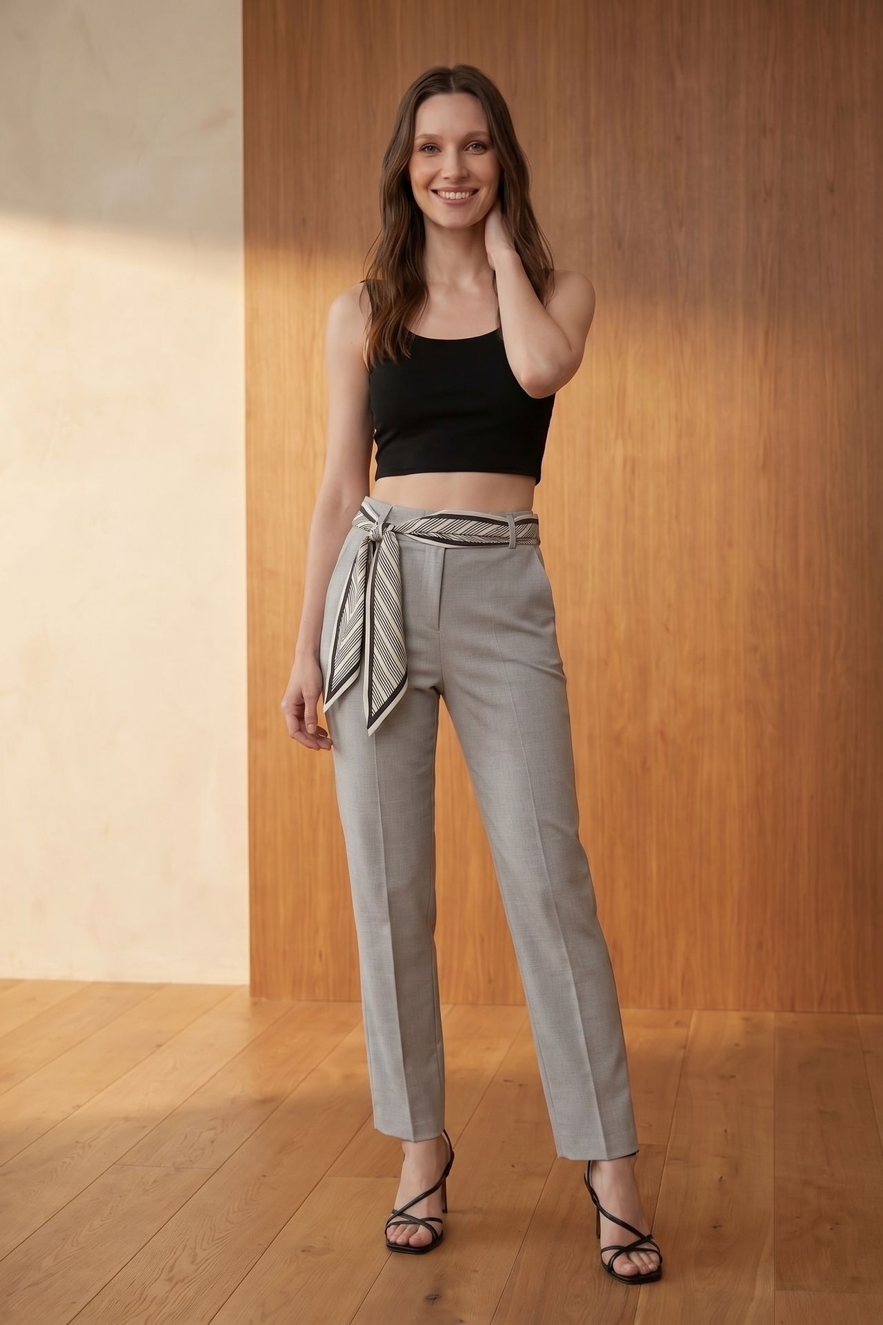 MY FASHION High-Waist Straight-Leg Crepe Trousers with Belt 3