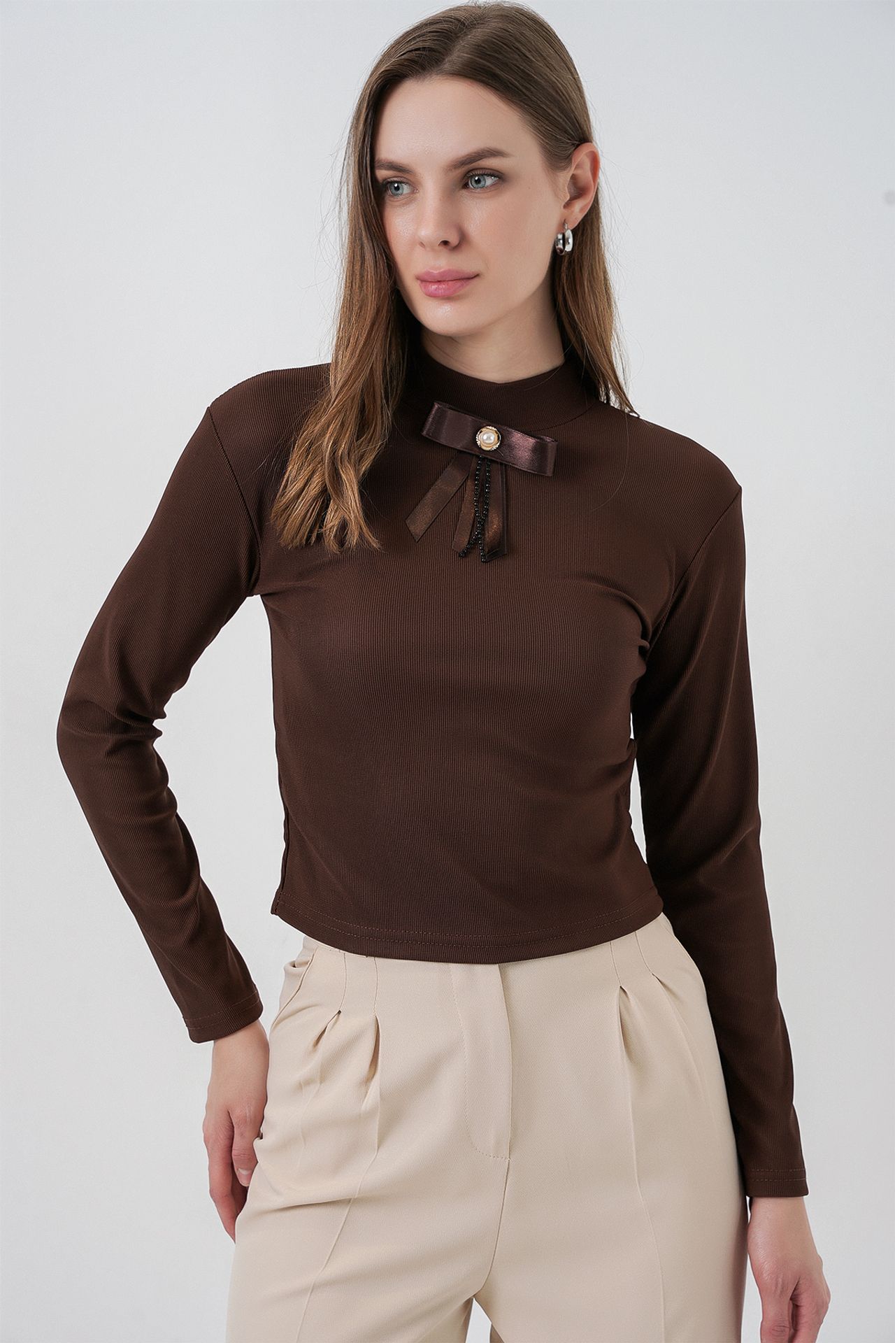 BDART Fitted Long Sleeve Half Turtleneck Blouse with Ribbon Detail 1