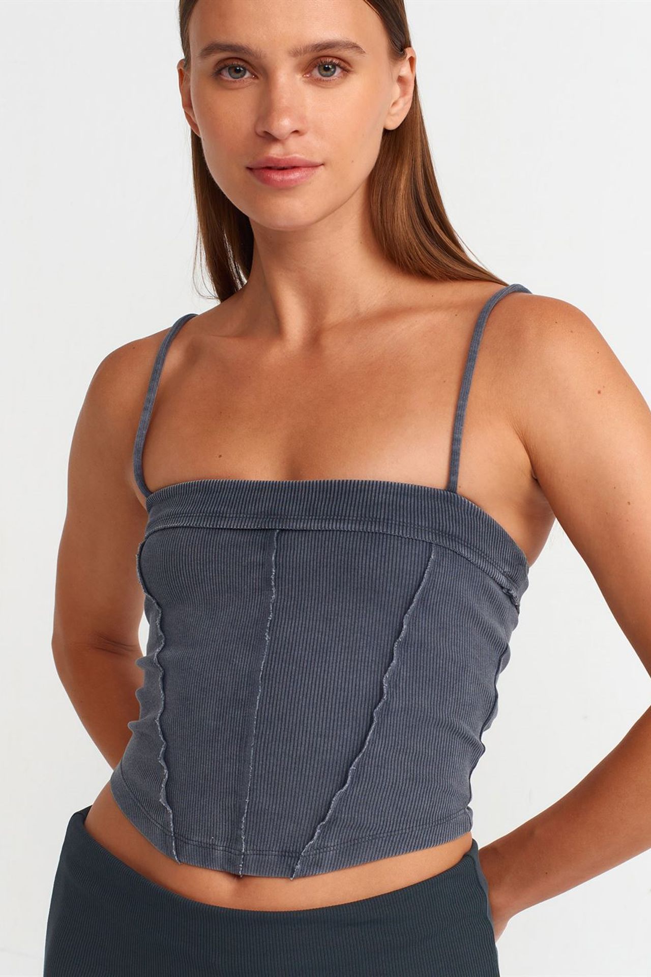 DILVIN Kare Yaka Fitilli Crop Bluz 1