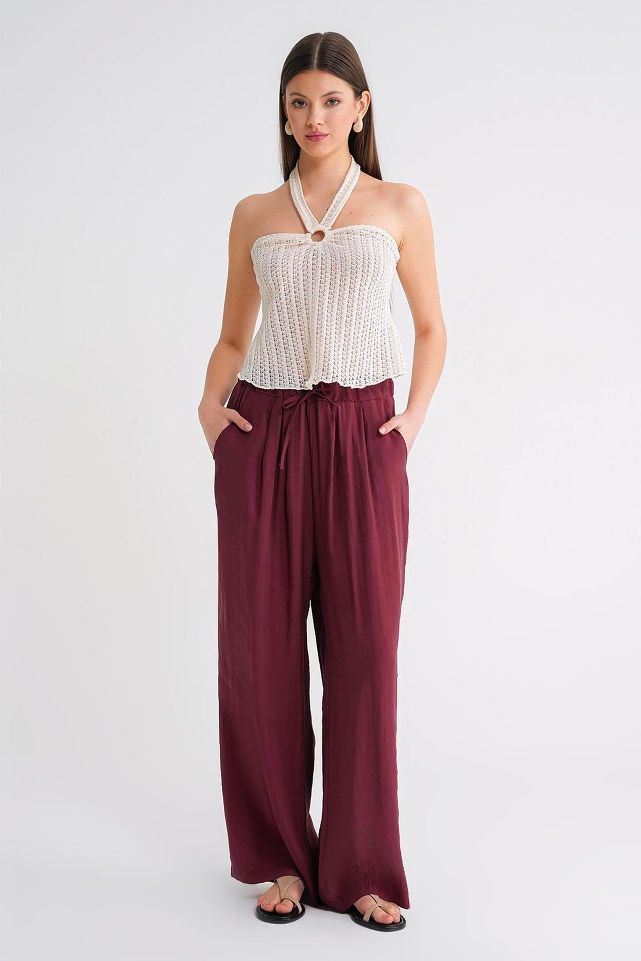 Mixray High Waist Modal Pleated Palazzo Pants with Drawstring 2
