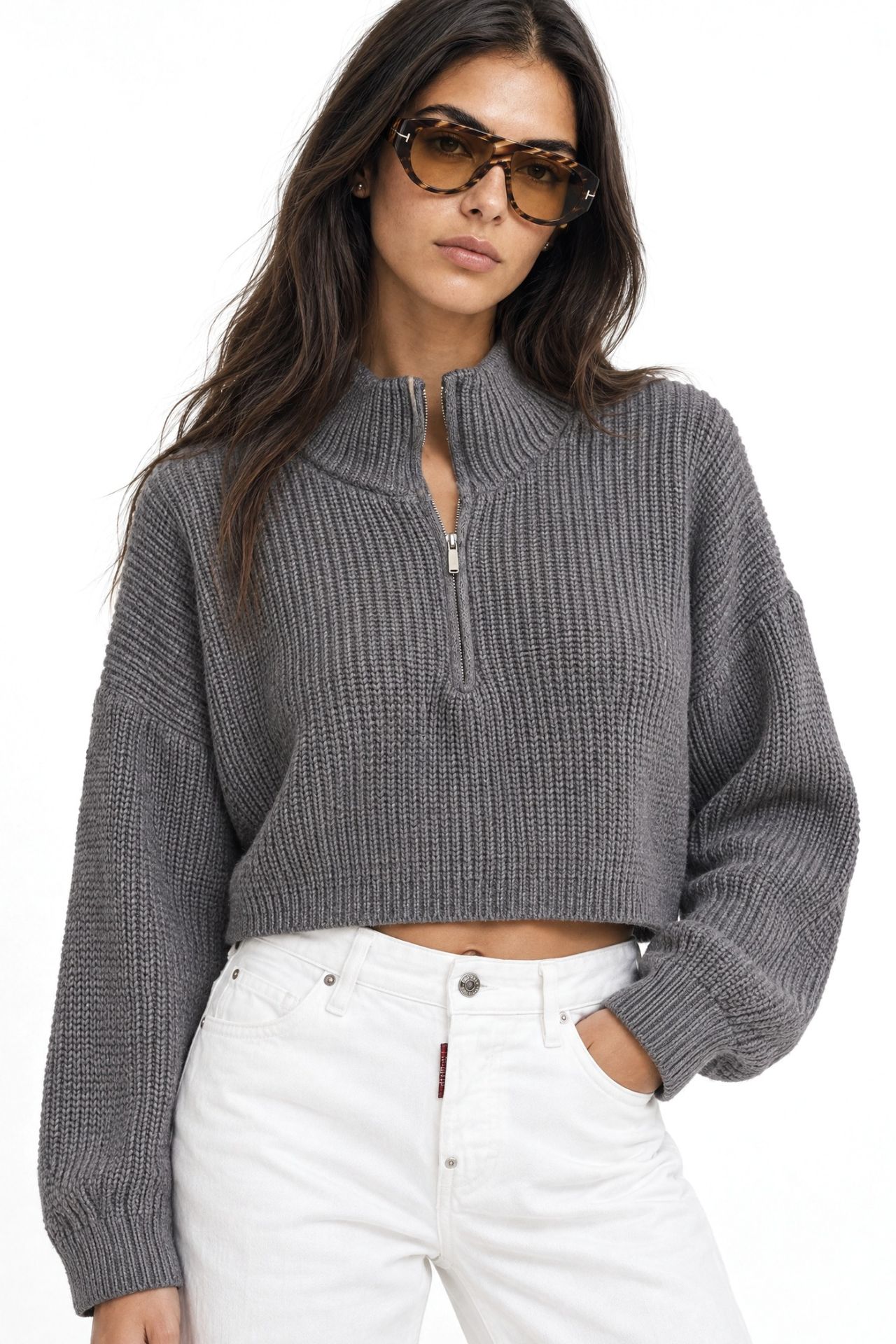 Mixray Textured Long Sleeve Zipped Collar Sweater 1