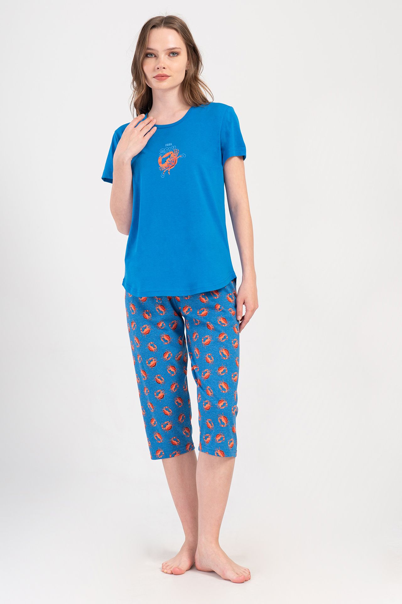 YAKE Bisiklet Yaka Capri Pijama Alt Üst Takım 1