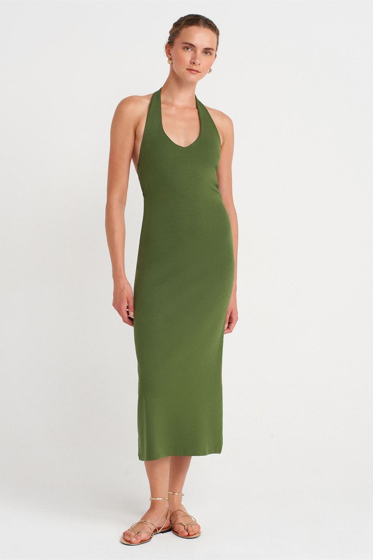 DILVIN Kadın Halter Yaka Bodycon Midi Elbise 1