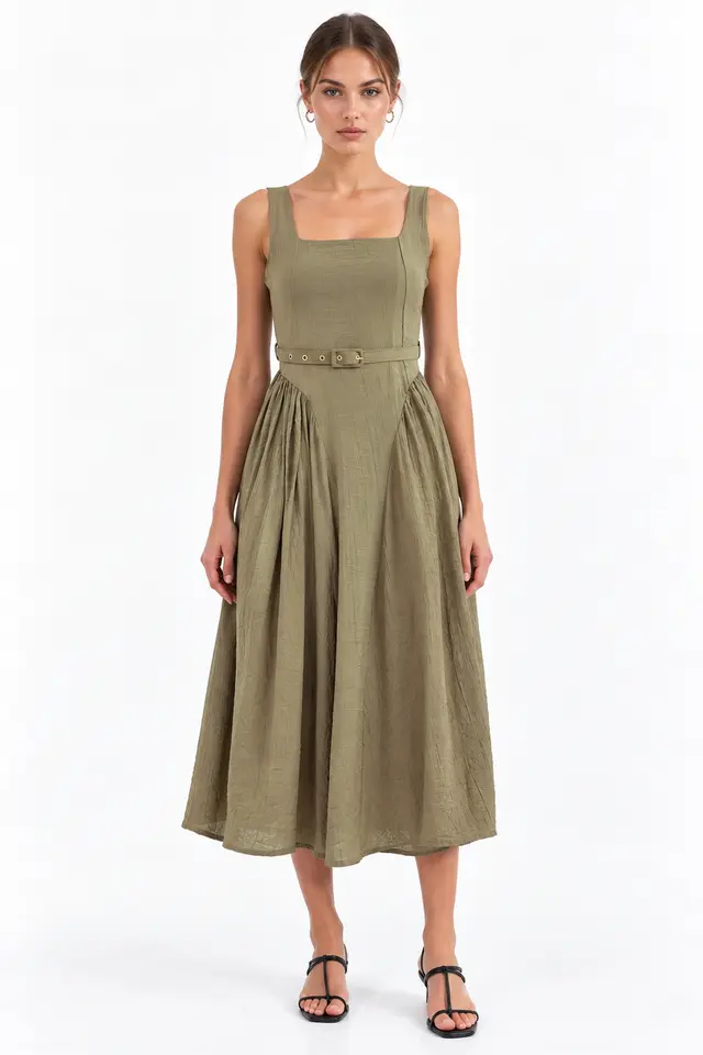 BUSEM Square Collar Belted Midi Dress