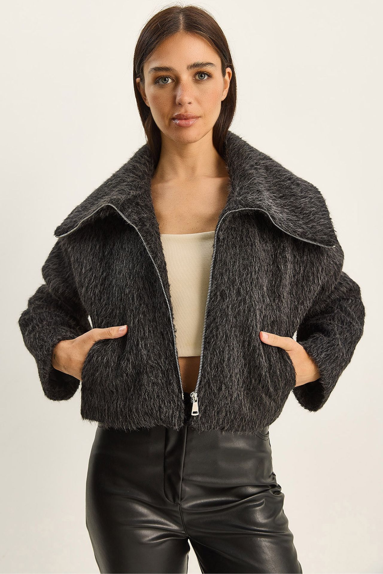LUCCI Textured Plush Bomber with Zipper Closure 1
