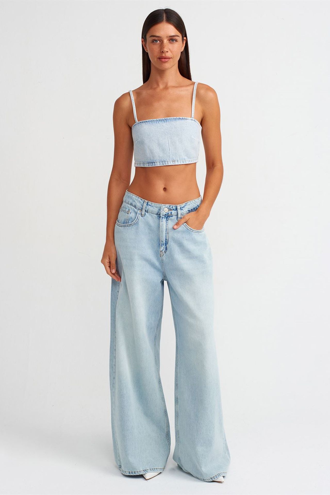 DILVIN Kadın Straplez Kısa Denim Üst 3