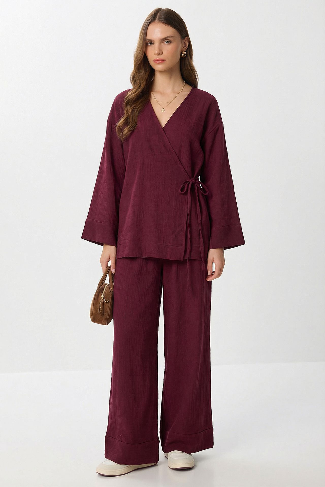 ISTANBUL High Waist Wide Leg Pants & V-Neck Tie Detail Blouse Co-ord Set 1