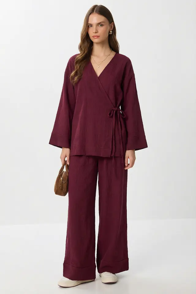 ISTANBUL High Waist Wide Leg Pants & V-Neck Tie Detail Blouse Co-ord Set