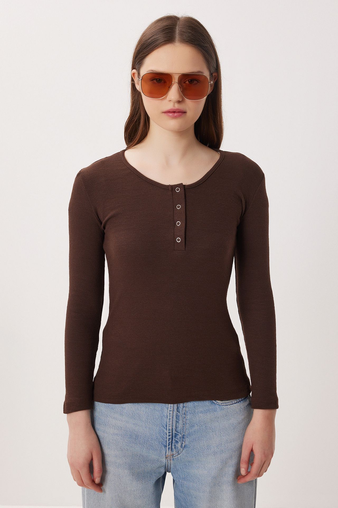ISTANBUL Slim Fit Ribbed Button-Up Long Sleeve Blouse 4