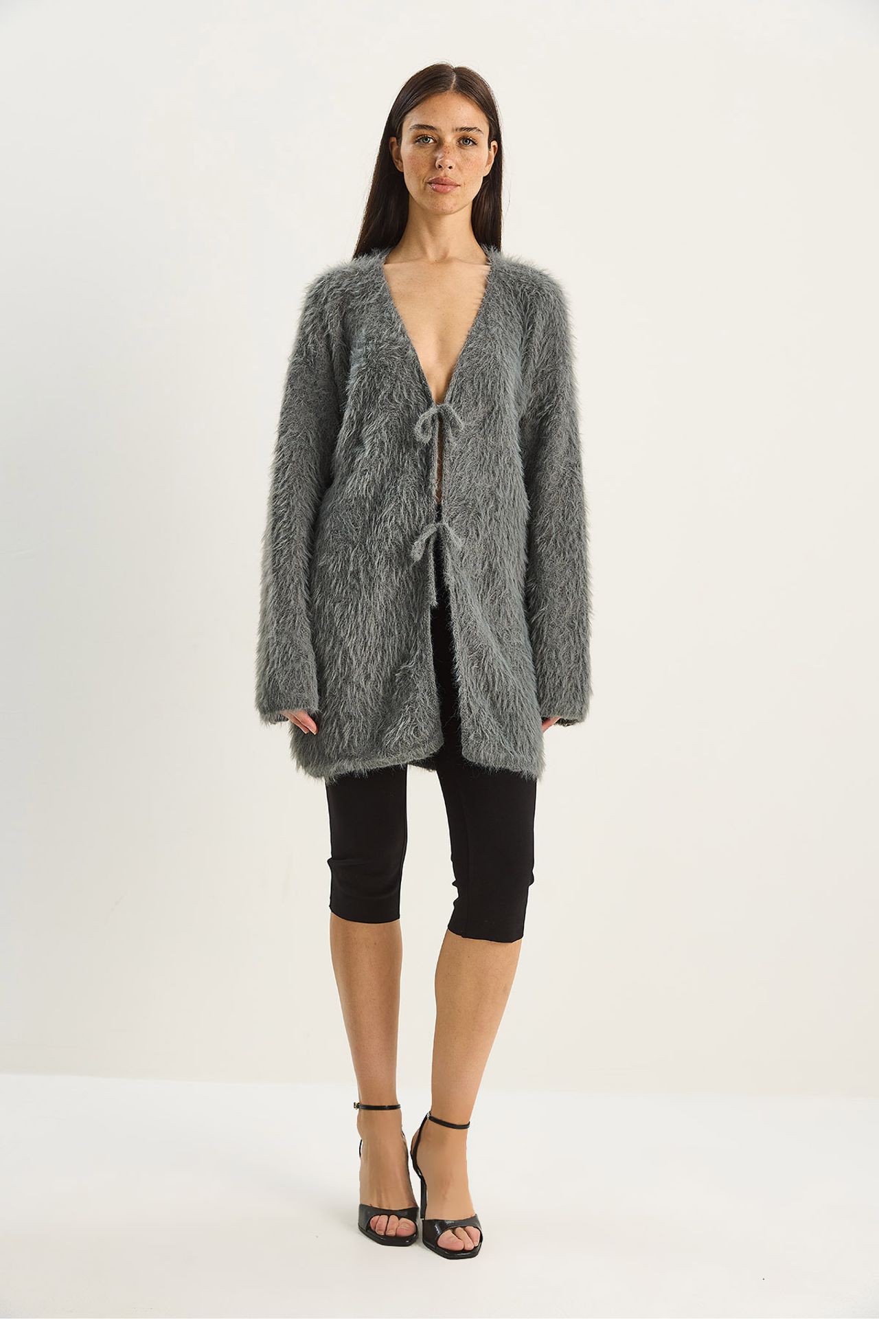 LUCCI Textured V-Neck Midi Cardigan with Tie Closure 1