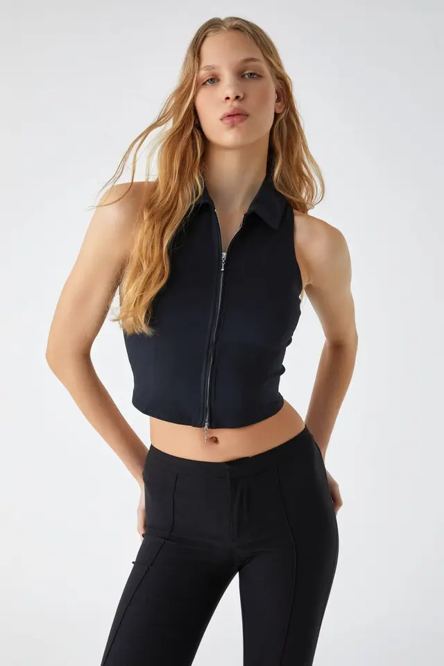 ETHIQUET Crop Slim Fit Zipper Waistcoat
