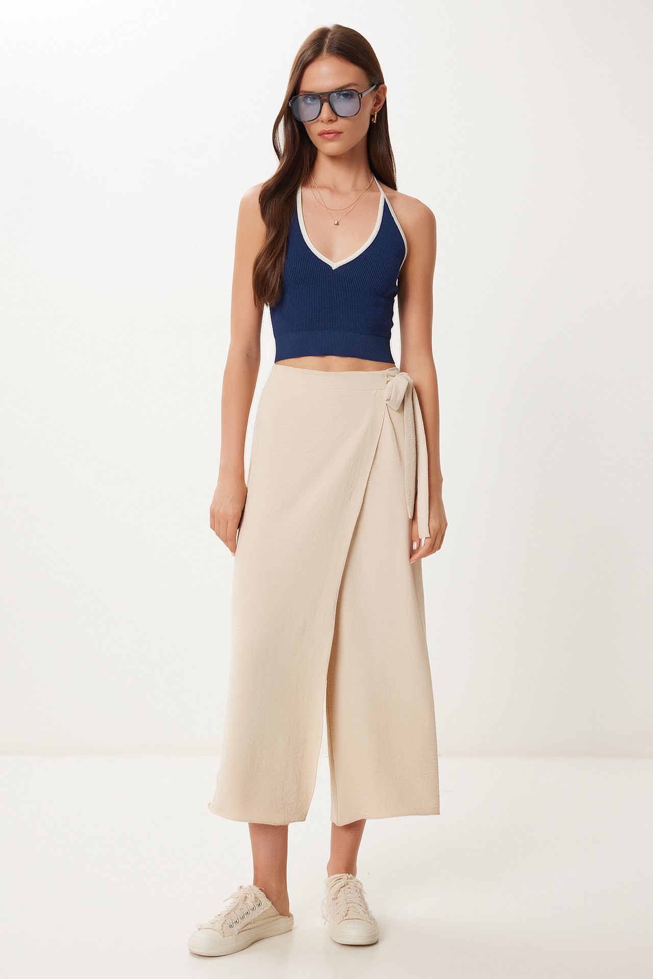 ISTANBUL High Waist Wide Leg Crop Pants with Tie Detail 2